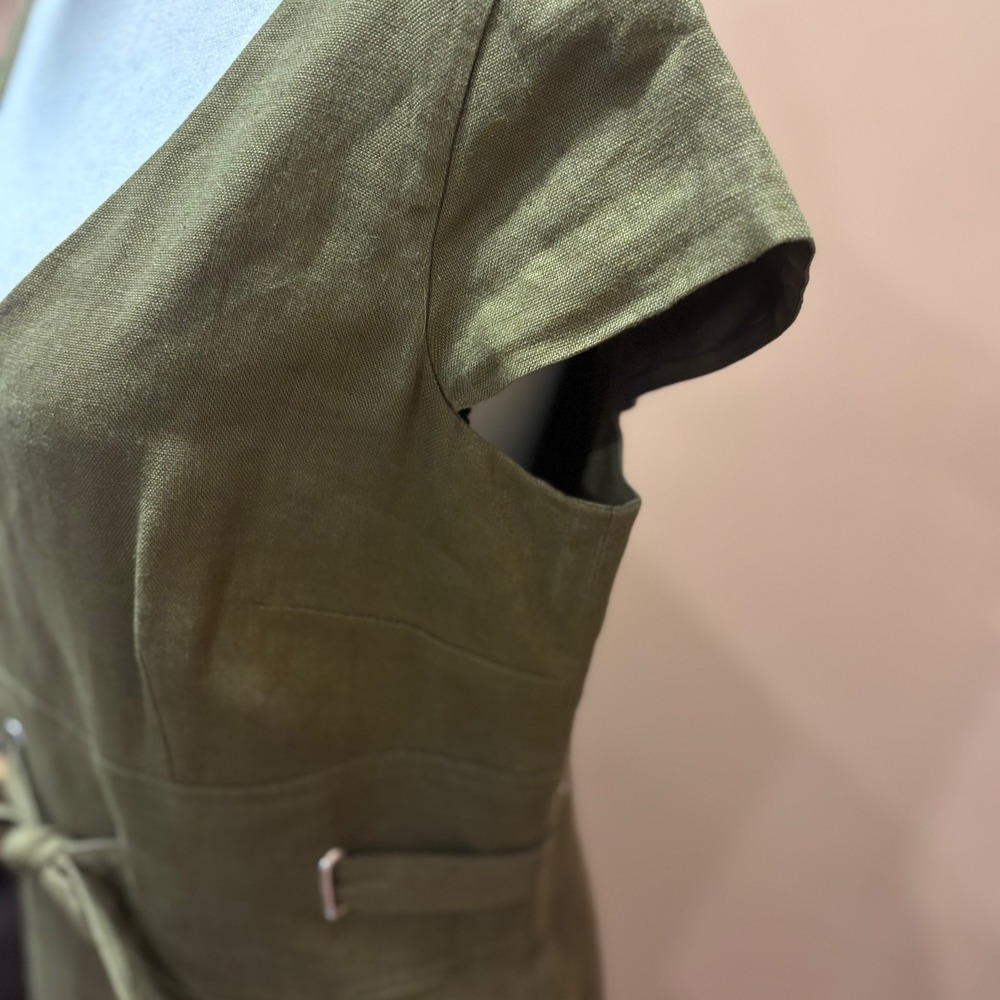 Talbots Vintage Linen Olive Green V-Neck Tie Waist Sheath Dress Size‎ 12 Womens - Picture 6 of 12